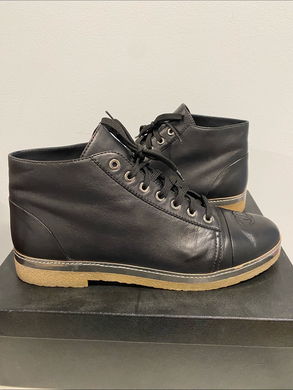 CHANEL Black Leather Chukka Boots with Crepe Sole